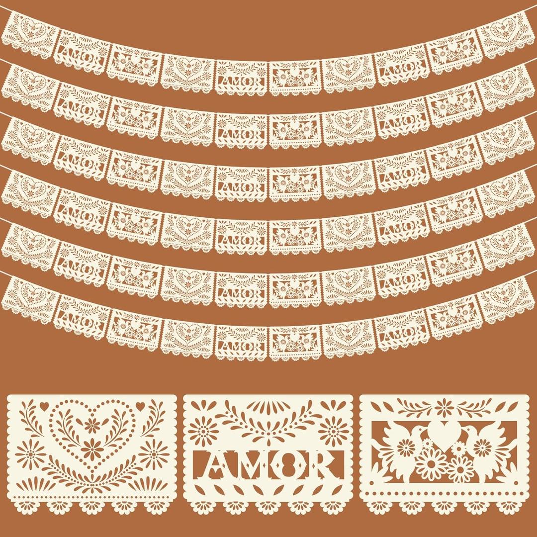 TaoBary 6 Pack Cream Mexican Papel Picado 118 Feet Mexican Wedding Party Banner Cielito Lindo Party Decoration Dia De Los Muertos Decor Fiesta Banner for Mexico Wedding Supplies (Amor)