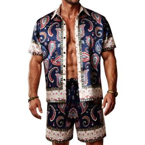 Mens Hawaiian Shirt Sets Satin Silk Casual Button Down Shirts 2 Piece Luxury Summer Beach Outfits for Men, Navy Blue XL