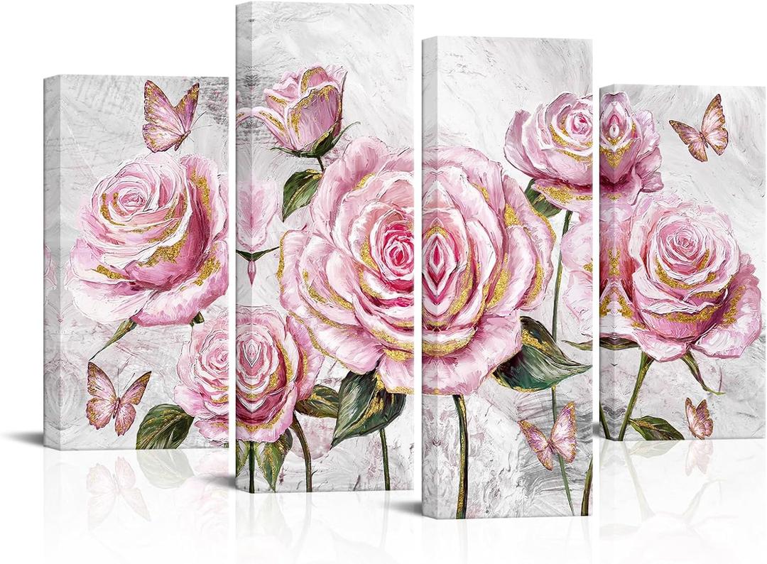 sechars Pink Roses Wall Art Flower and Butterflies Painting Pictures Modern Girl Bedroom Pink and Gold Decor