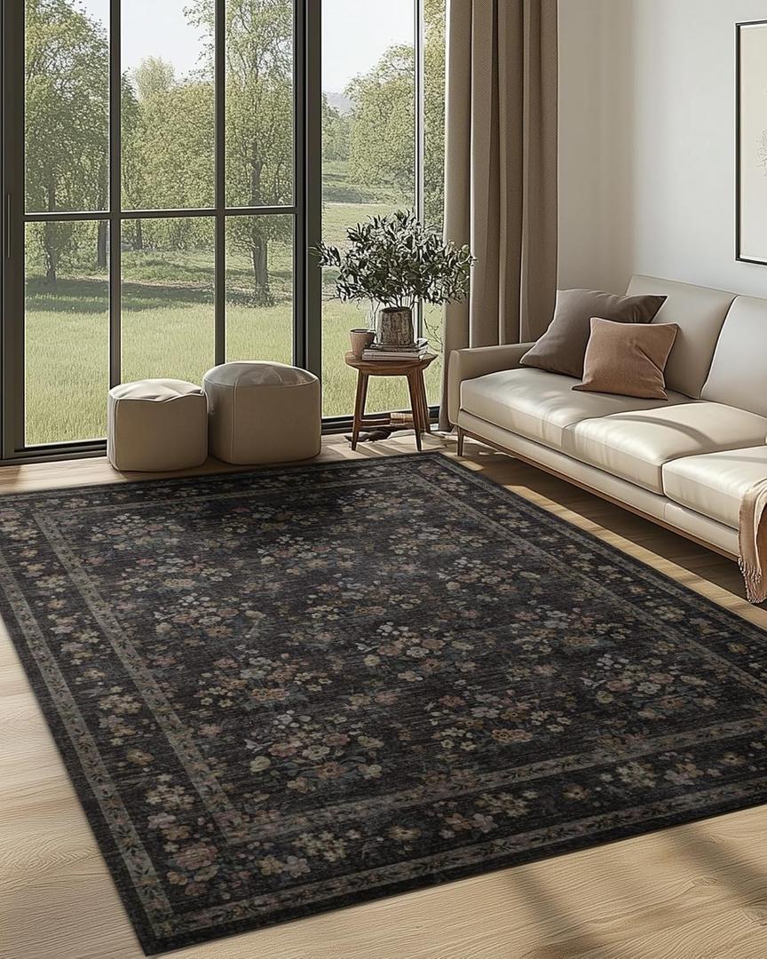 6x9 Washable Non-Slip Area Rug for Living Room, Dining Room, Bedroom Home Office-Vintage Floral Farmhouse Non-Shedding Distressed Low Pile Area Rug (Dark Brown, 6x9)
