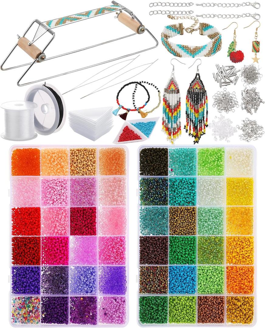 Jexine Bead Loom Kit for Adults 24000 Pcs Beading Loom Supplies with 48 Color 2 mm Glass Seed Bead Bracelets Christmas Jewelry Earring Making Tools Gifts for Women DIY Craft