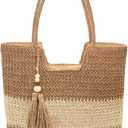 Long Keeper Beach Bags for Women Summer Straw Bag with Zipper Woven Shoulder Handbag Beach Tote Bags for Travel Vacation (Khaki Beige With Tassel)