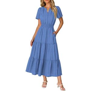 RUMIA Women Casual Midi Maxi Dresses Short Sleeve V Neck Elastic Waist Vacation Dress Pockets (Blue, S)