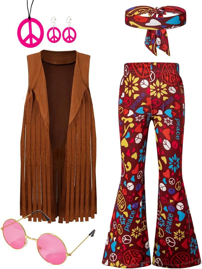 LENSOUS Girls Kids 60s 70s Hippie Costume Pants Set Outfits Fringe Vest Peace Flared Pants Accessories Set (12-14 Years)