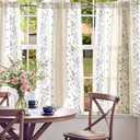 jinchan Winslow Linen Curtains 54 Inch Length Small Window Curtains Embroidered Bordered Floral Drapes Light Filtering for Bathroom Laundry Room Kitchen Farmhouse Decor Blue on Beige 2 Panels