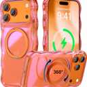 for iPhone 17 Pro Max Case with 360 Spin Magnetic Stand, [Compatible with MagSafe] [Curly Wave] Dynamic Highlight Finish Phone Case, Ring Kickstand Cover for Women Girls 6.9"-Orange