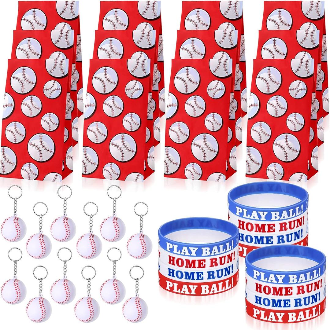 Yaomiao 36 Pieces Baseball Party Favors Set, Include 12 Baseball Treat Bags 12 Mini Baseball Keychains 12 Silicone Baseball Bracelets Baseball Snack Candy Gift Bags for Team Party Supplies