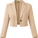 ELLEVEN Womens Cropped Blazer Business Casual Open Front Long Sleeve One Button Jacket (X-Small, Khaki)