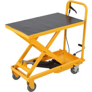 1100lbs Hydraulic Lift Table Cart, 34" Lifting Height, Manual Single Scissor Lift Table with 4 Wheels and Non-Slip Pad, Hydraulic Scissor Cart for Material Handling, Yellow