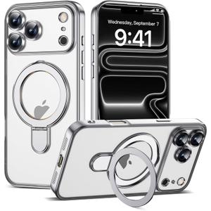 Compatible with iPhone 17 Pro Case with Invisible Magnetic Ring Stand [Compatible with Mag-Safe] [Full Camera Lens Protector] Plating Clear Phone Case for iPhone 17 Pro 6.3", Silver