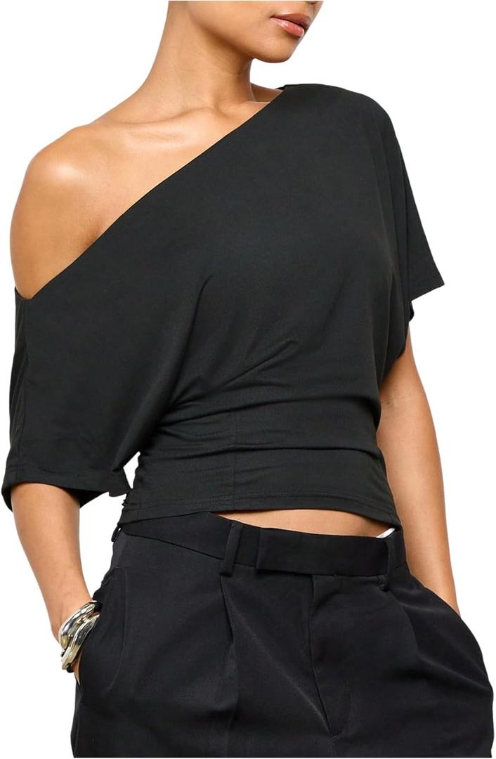 SweatyRocks Women's Off The Shoulder Crop Tops Asymmetrical Y2K Going Out Top Dolman Short Sleeve 2026 Summer Trendy Clothes (Black) XS