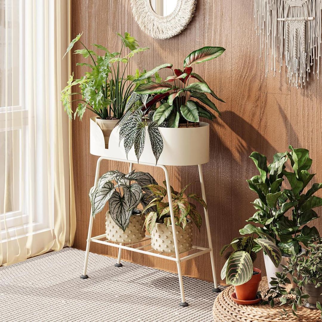 Bamworld Plant Stand Outdoor Large Plant Shelf Indoor for Tall Plants Table Metal 2 Tier Plant Bench Display Stand for Living Room Balcony Patio Decor White