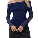 Gleeneat Women's Off The Shoulder Tops Sexy Long Sleeve Shirts Fall Trendy Going Out Ruched Y2K Clothes Navy Blue, Small