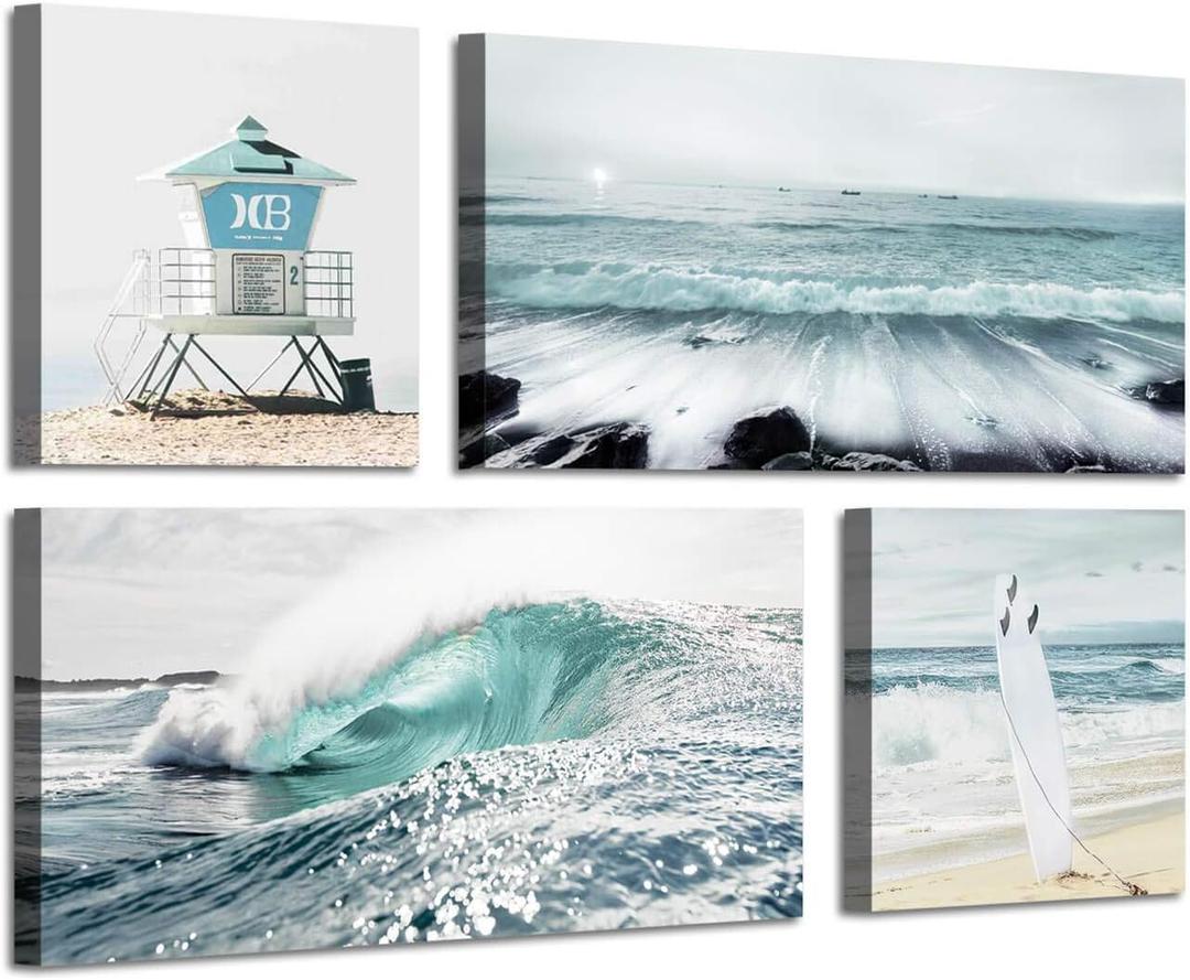 ARTISTIC PATH Beach Canvas Wall Art Print: Shoreline Guard & Surfboard Picture Graphic Art Painting for Wall Decor (Overall 36" W x 24" H,Multi-Sized), Size: 12"x12"x2+12"x24"x2