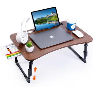 Laptop Desk for Bed, Height Adjustable Laptop Bed Table, Foldable Portable Lap Desk Stand with USB/Storage Drawer/Cup Holder/Slot, Breakfast Tray for Working Reading Writing Eating