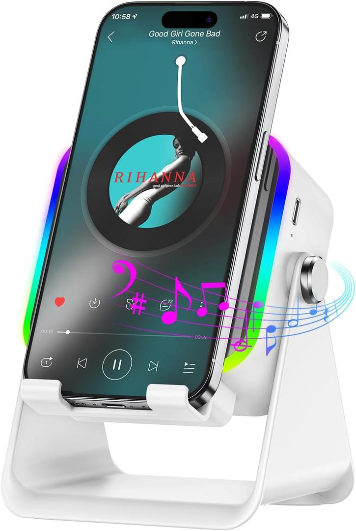 Wireless Induction Speaker 5-in-1 Bluetooth Speaker with Phone Stand,Stereo Sound, 3500mAh Rechargeable, 8 RGB Ambient Light, 360 Adjustable Holder for iPhone/Android/iPad,Gifts for Men Women (White)