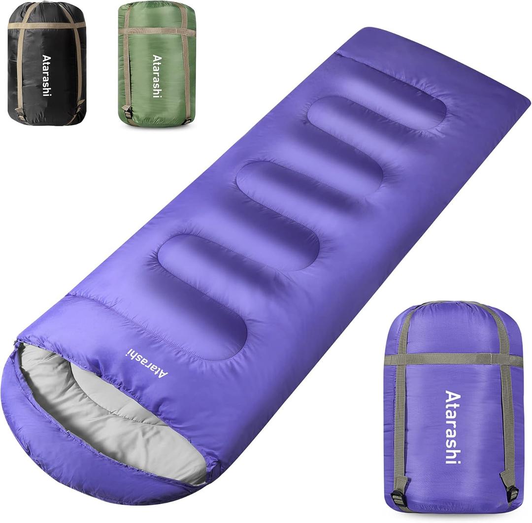 Atarashi Camping Sleeping Bag- 4 Seasons for Adults, Light, Warm, Extra-Large with Compression Sack- Great for Hiking, Backpacking & Outdoor Adventures (A5 Purple/Wide(40''x87''))