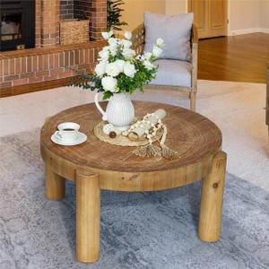 Round Wood Coffee Table - 29.53" Wooden Coffee Tables Living Room with Solid Wood Legs and Natural Wood Veneer, Farmhouse Boho Circle Coffee Tables, Natural Wood Color, 29.53" D X 16.54" H