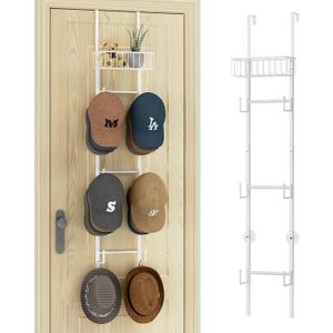 HapiRm Over Door Hat Rack - Wall Mounted Hat Holder with 6 Hooks and Metal Basket Design, Baseball Cap Organizer Storage Up to 32 Caps for Door, Bedroom, Closet (White) (1 Pack)