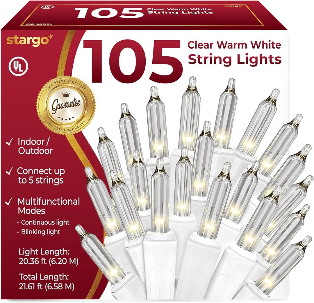 Clear Warm White Christmas Lights - 20 ft String of 105 Incandescent Mini Multifunctional Lighting Modes for Decorative, Bedroom, Outdoor, Xmas Twinkle Christmas Tree Lights, White Wire Total 21.6 ft
