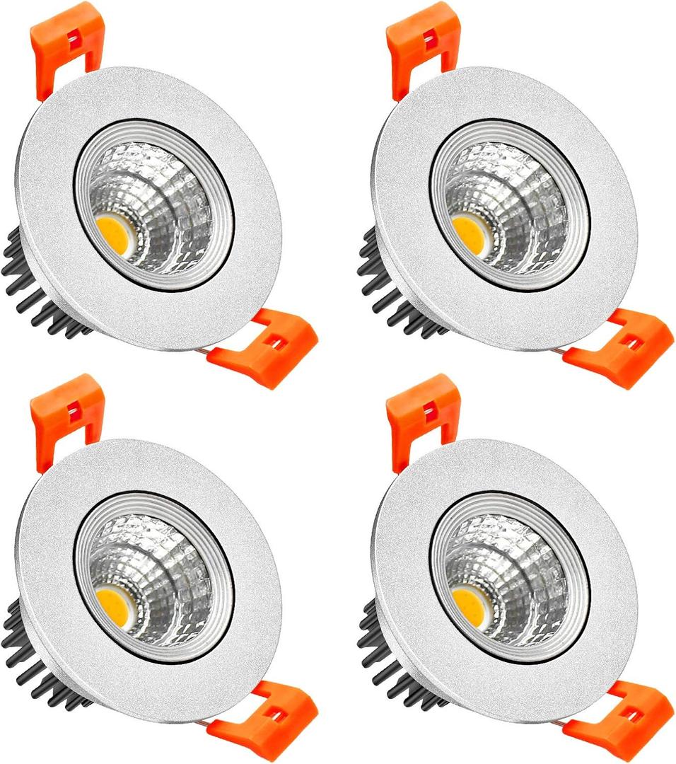 LightingWill 2inch LED Dimmable Downlight, 3W COB Recessed Ceiling Light, Daylight White 5500K-6000K, CRI80, 25W Halogen Bulbs Equivalent, Silver (4Pack)