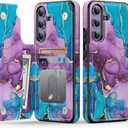 Goodon for Samsung Galaxy S24 Case Wallet - Flip Folio Leather Cover with Trendy Floral Design, 3 Card Slots & Kickstand Function, Protective Phone Case for Women and Girls - Teal Purple Marble
