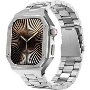 Luxury Aluminum Case with Stainless Steel Band for Apple Watch Series 10 46mm, Rugged Military Protective Cover Heavy Duty Tactical Protection for Men iWatch (Titanium)