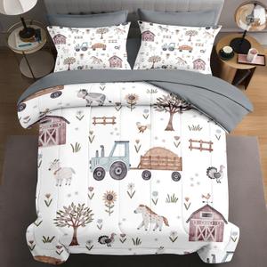 7 Pcs Queen Size Comforter Set with 2 Pillowcases & 2 Shams, Farm House Tractor Bedding for Kids and Adults, Village Tree Pig Horse Bed in a Bag with Flat Fitted Sheet