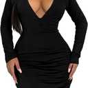 Women's Long Sleeve Bodycon Dress - Sexy Mini Club Dress, Slim Fit Knit Cocktail Party Dress V Neck (Black, XL)