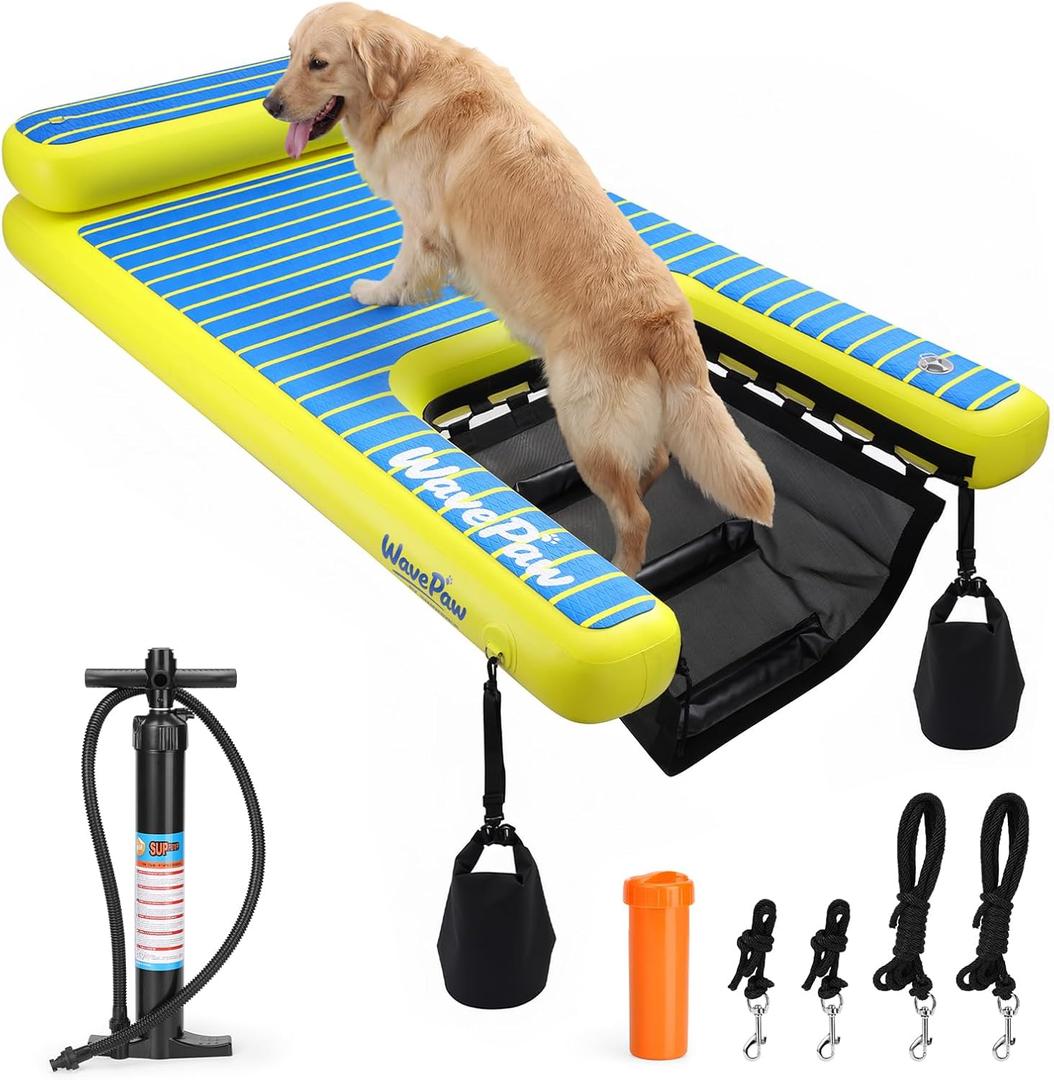 Swonder 70" Inflatable Dog Boat Ramp & Dog Pool Ramp – Heavy Duty Floating Water Ladder for Dock, Pontoon, or Pool with Non-Slip EVA Step, Weight Bags – Stable Dock Ramp for Large Dogs (70"L x 40"W x 12"H)
