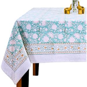 Hand Block Print Tablecloth - Table Cloths for 6 Foot Rectangle Tables, 100% Cotton, 60 x 90 Inches: Green, Floral Design - Ideal for Dining, Kitchen, Holiday, Party, Farmhouse, Outdoor