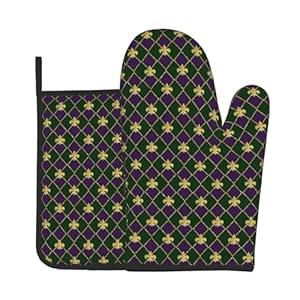 Happy Mardi Gras Purple Plaid Oven Mitts and Pot Holders Sets Heat Resistant Non Slip Gold Fleur De Lis Kitchen Gloves Hot Pads Potholders 2 Pack Set Mardi Gras Decor for Chef Cooking Bakers Kitchen