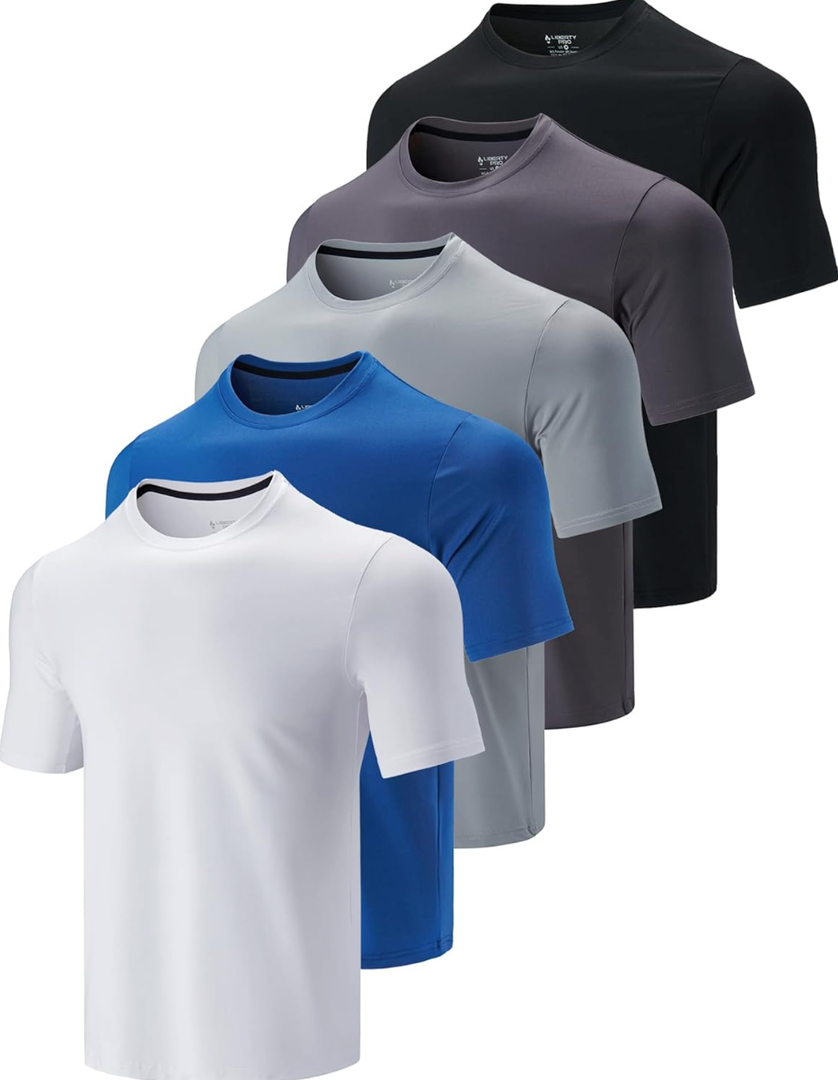 5 Pack Men’s Active Quick Dry Crew Neck T Shirts | Athletic Running Gym Workout Short Sleeve Tee Tops Bulk, Size M