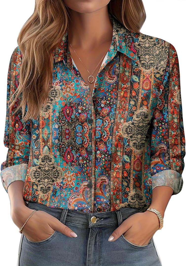 Zeagoo Button Down Shirts for Women Dressy Floral Printed Long Sleeve Blouse Business Casual Work Tops (L)