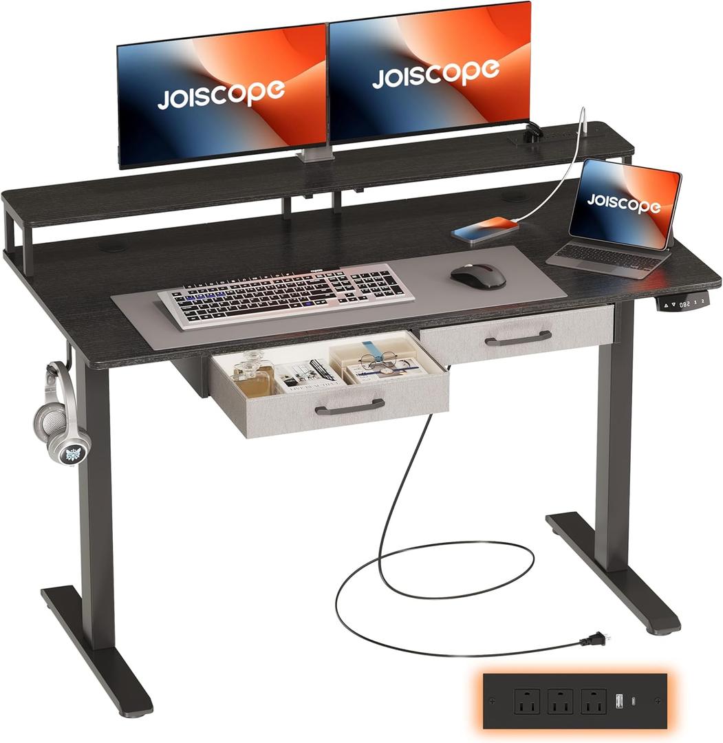 JOISCOPE 48'' Height Adjustable Electric Standing Desk with Display Riser, Drawers, Power Outlet (3AC, USB, Type-C) & Memory Height, Gaming Study Drafting Sit Stand Desk for Home Office Bedroom, Black