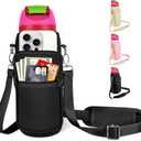 Neoprene Water Bottle Carrier Bag Holder with Phone Pocket Compatible with Owala FreeSip 24/32/40 OZ, Tumbler Cup Accessories with Adjustable Strap for Phone Card Keys (32 Ounces, Black)