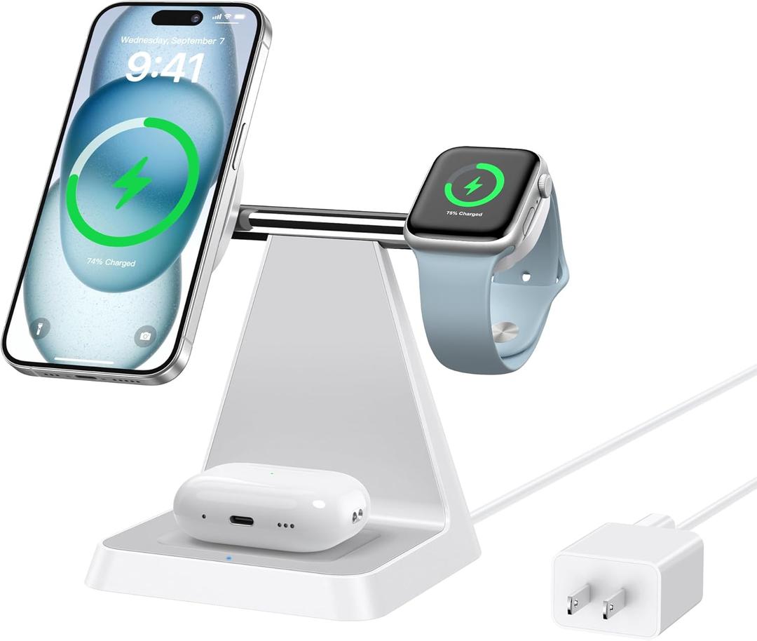Magnetic Wireless Charger for iPhone - 3-in-1 Fast Charging Station Compatible with MagSafe Charger iPhone 16-12 Series Apple Watch AirPods for Nightstand Desktop Bedside (White)