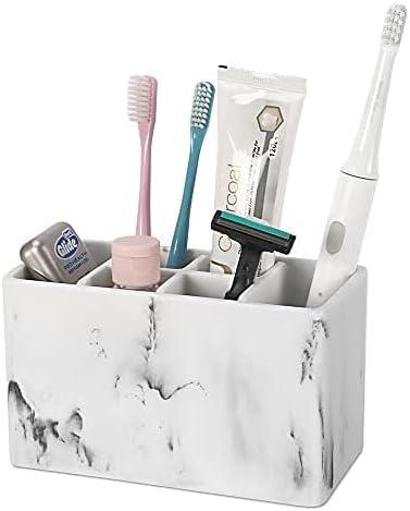 ZCCZ Marble Look Toothbrush Holder for Bathroom Countertop Organizer, Holds Toothpaste, Dental Floss, Razor, Comb, Makeup Brushes, and More, Stylish Bathroom Accessory for Tooth Brushing Essentials (1. White Marble)