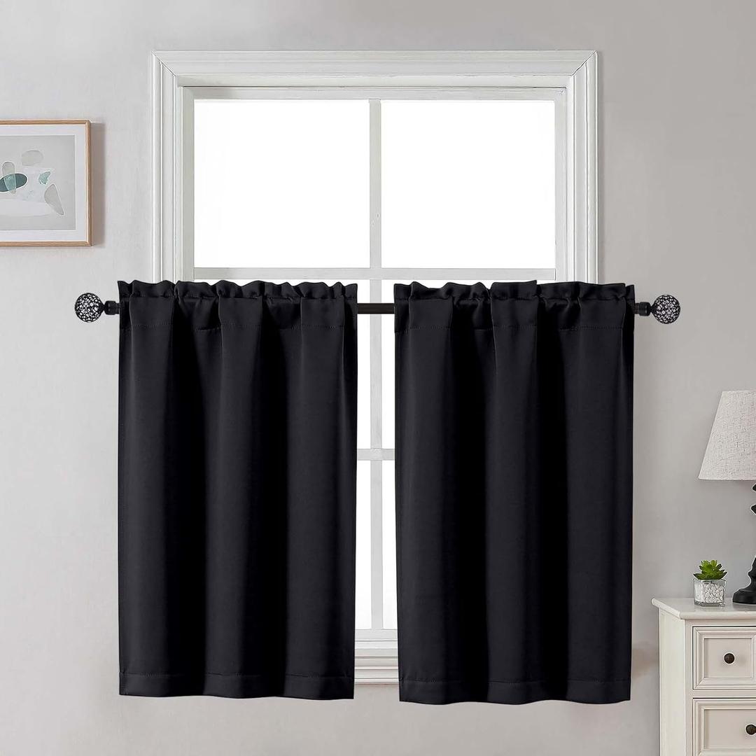 Gwine Black Blackout Curtains for Small Window Treatment, Light Blocking Short Kitchen Window Curtains Over Sink, Rod Pocket Half Window Tiers for Bathroom Basement, Each 30" Wx36 L, 2 PCS