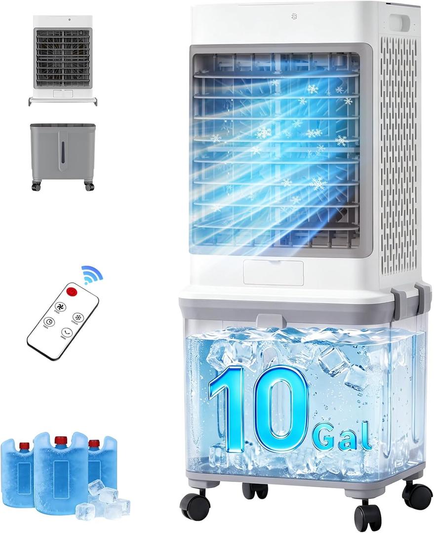Flymoon Upgraded Cooling 10 Gallon Evaporative Air Cooler, Swamp Cooler with 120 Oscillation, 7-Hour Timer, Remote Control, Detachable Tank for Portable Air Conditioners, for Bedroom, Garage
