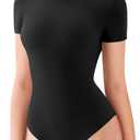 REORIA Womens Crew Neck Short Sleeve Thong Bodysuits Double Lined Comfy Slim T Shirt Tops (Large)