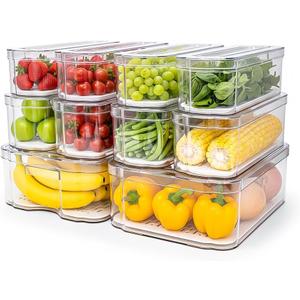 Fridge Organizers and Storage, 10 Pack Clear Freezer Organizer Bins with Lids for Kitchen, Pantry, Refrigerator, Food, Fruit, Vegetable Storage (10 Bins (No Pull-out Drawer))