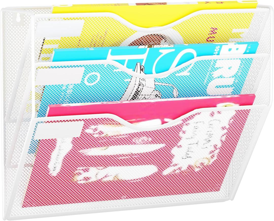 3 Pockets Hanging Wall File Organizer Mail Holder, Wall Mounted Paper Document Folder Holder, Clipboard Storage Organization Magazine Rack, White (3 Tier Non-Magnetic)