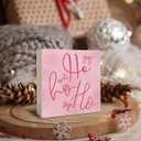 Pink Bow Christmas Wooden Box SignHO HO HOPink Christmas Decorations, Christmas Office Decorations for Work Desk, Christmas Gifts for Women 5x5 Inch