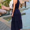 PRETTYGARDEN Women's Summer Floral Maxi Sun Dress Sleeveless Halter Neck Flowy Ruffle Hem Long Boho Dresses with Belt (Blue, M)