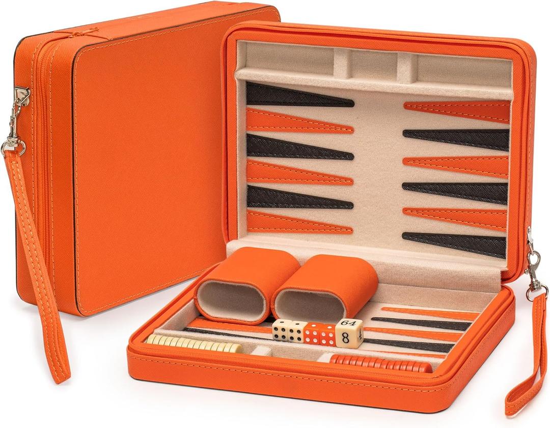 Yellow Mountain Imports Travel Size Backgammon Mini Game Set, Alanya - Magnetic Checkers and 9-inch Board in Sleek Leatherette Case - Classic Strategy Board Game