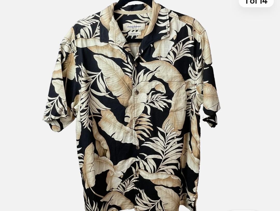 Tommy Bahama Shirt Men XXL 100% Silk Tropical Leaf Pattern Black Tan Hawaiian