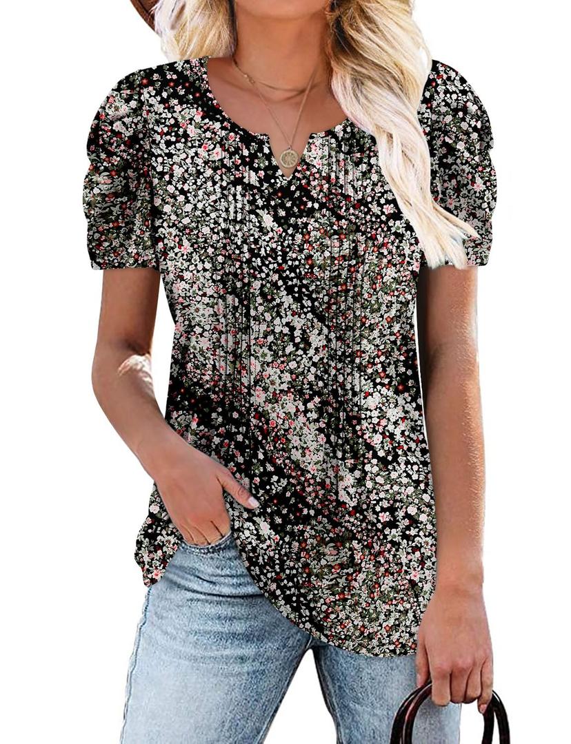 BETTE BOUTIK Blouses Women Summer T Shirts Short Sleeve Dressy Casual Trendy Boho Tunic Tops to Wear with Leggings Floral V Neck Beach Shirt Black White XL