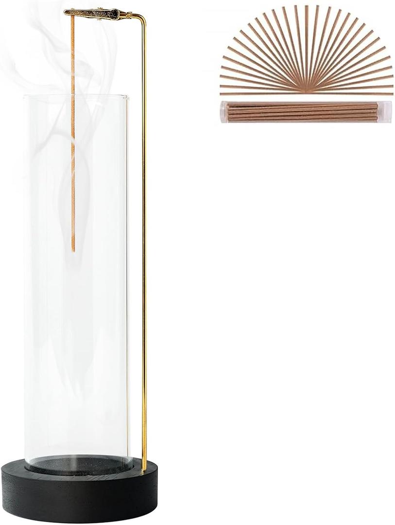 Incense Holder for Sticks, Anti-Ash Flying Incense Burner with 30 Incense Sticks, Detachable Glass Ash Catcher (Black)