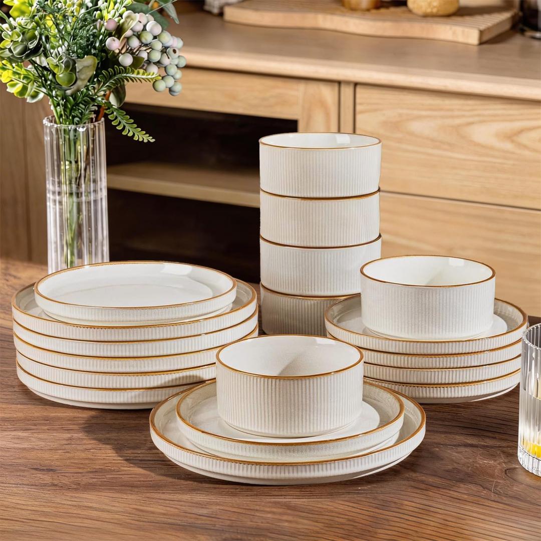 GBHOME 18-Piece Stoneware Dinnerware Set for 6 Ribbed Ceramic Plates and Bowls, Scratch-Resistant, Microwave & Dishwasher Safe, Reactive Glaze, White with Honey-Brown Edge